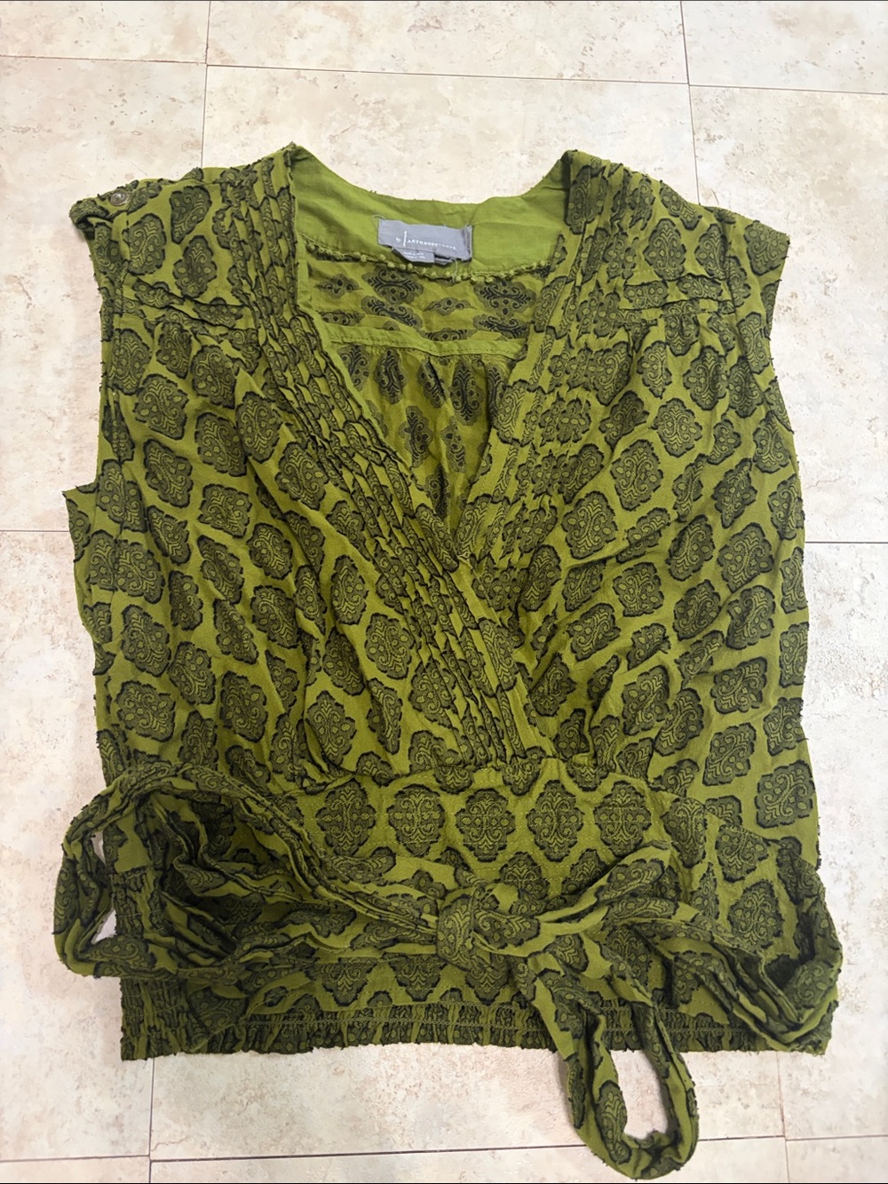 Anthropologie Olive Green Printed Wrap Tank with Self-Tie
